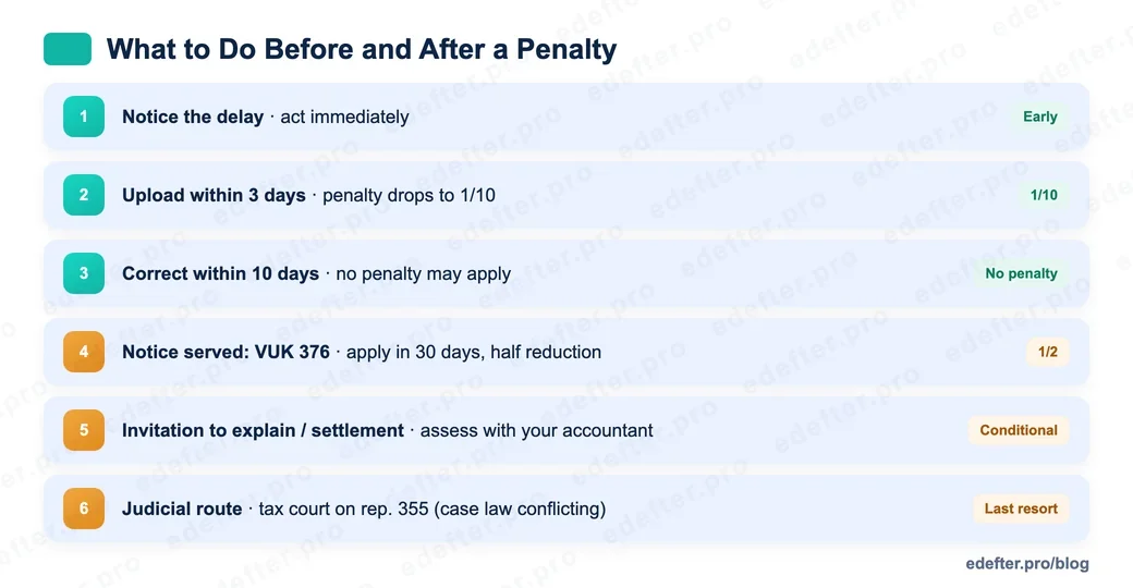 Flow diagram of the steps to follow when an e-Ledger penalty arrives: notice the delay, upload within the first 3 days, correct within 10 days, and if a notice comes the VUK 376 reduction, invitation to explain, settlement and the judicial route.